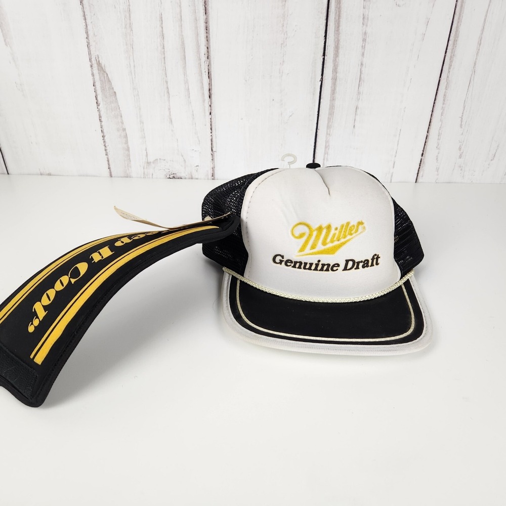 Vintage Miller Genuine Draft Light Hat Snapback Trucker Cap NOS with Can Cooler